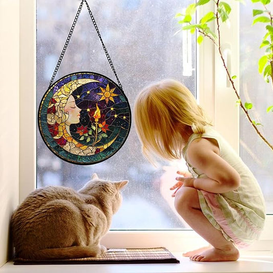 Stained Glass Window Hanging, Moon Goddess Torch Suncatcher Diamond Glass Panel Hangings Dream Sun Catchers Decor for Birthday for Women, Men, Wife, Aunt, and Mom 7.8 in
