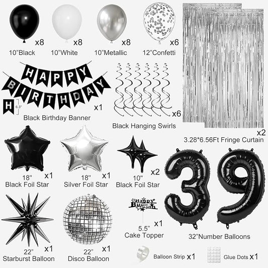 39th Birthday Decorations for Men Women, Black Silver Happy Birthday Party Decorations, 39 Year Old Party Supplies with Number 39 Balloons, Banner, Fringe Curtains Kit
