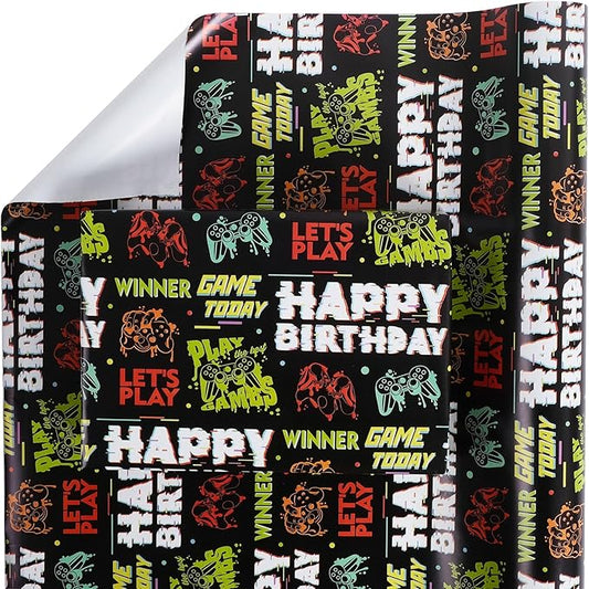 Aimyoo Gaming Birthday Wrapping Paper Roll - 17 Inch X 32.8 Feet - Black Happy Birthday Video Game Pattern Gift Wrap Paper for Boys Party, Baby Shower, Holiday