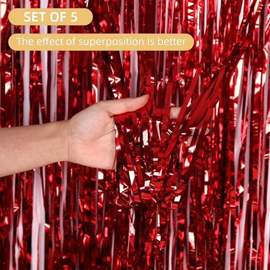5 Pack Red Foil Curtain Backdrop 3.2ft x 9.8ft Metallic Tinsel Foil Fringe Curtains Streamer Photo Booth Backdrop for Birthday Party Engagement Bachelorette Party Decorations (Red)
