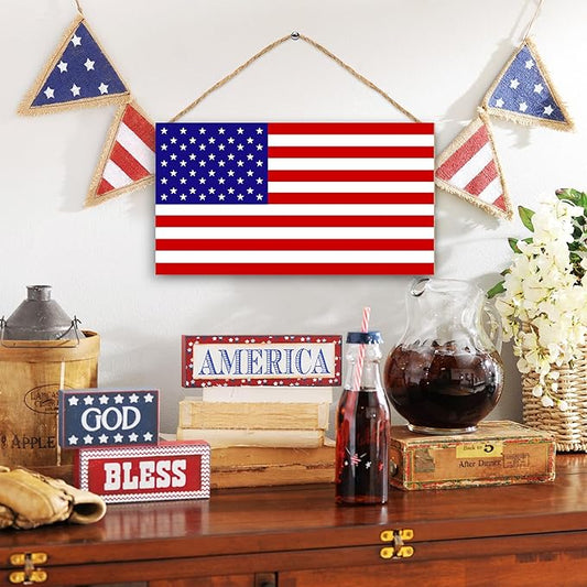 American Flag Door Hanging Sign,Farmhouse Patriotism Artwork Decorations Signs, Framed Indoor Outdoor Decorative Art Ornament for July 4th Independence Day, New Year, Holiday Party, Birthday