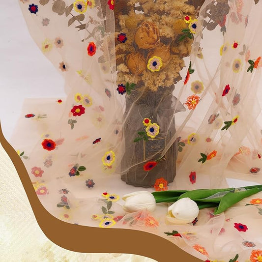 Champagne Floral Table Runner 10 FT, Embroidery Daisy Table Runners Seasonal Sheer Tulle Table Runner for Thanksgiving Wedding Birthday Baby Shower Party 