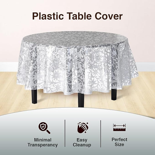 Exquisite Lace Table Cloth Round Table Plastic 12-Pack Lace Tablecloth Round 84" | White Floral Tablecloth Disposable | Wild Flower Party Decorations & Party Supplies
