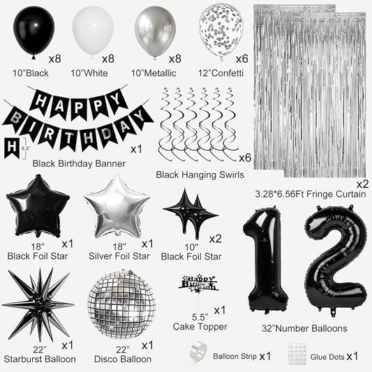 12th Birthday Decorations for Boys Girls, Black Silver Happy Birthday Party Decorations, 12 Year Old Party Supplies with Number 12 Balloons, Banner, Fringe Curtains Kit