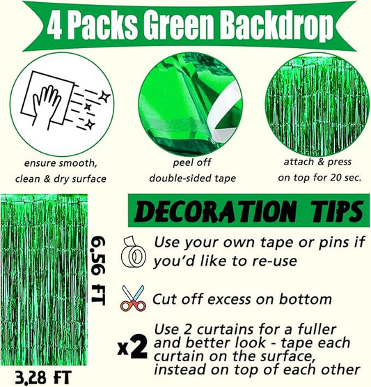4 Pack Green Fringe Curtain Backdrop, 3.2Ft x 6.6Ft Metallic Tinsel Foil Fringe Streamers Background for Photo Booth Birthday Wedding Baby Shower Carnival Easter Mother’s Day Party Decorations