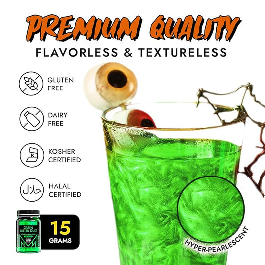 MONÉGASQUE Green Edible Glitter for Drinks 15g – Halloween Edible Glitter for Cakes & Cocktails – Luster Dust for Drinks & Cake Decorating – Cocktail Drink Shimmer Powder – Green Food Coloring Spray