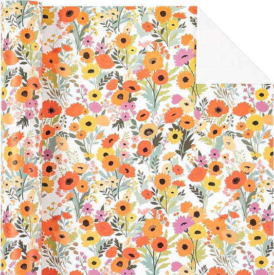 WRAPAHOLIC Kraft Floral Wrapping Paper Roll - Mini Roll - 17 Inch x 16.5 Feet - Bright Summer Flower Wrapping Paper, Perfect for Wedding, Birthday, Bridal Shower, Tea Party