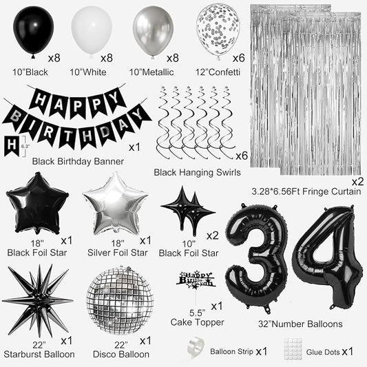 34th Birthday Decorations for Men Women, Black Silver Happy Birthday Party Decorations, 34 Year Old Party Supplies with Number 34 Balloons, Banner, Fringe Curtains Kit
