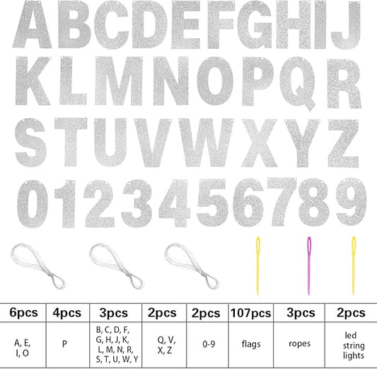 TaoBary 112 Pcs DIY Letter Kit Glitter Customizable Banner Letters Include 107 Letters and Numbers 3 Rope and 2 Needles for Birthday Halloween Christmas Wedding Valentine Party Decor(Silver)