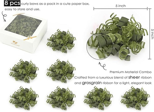 HUIHUANG Green Bows for Gift Wrapping Christmas Gift Bow 5 inch x 8 Counts Moss Green Self-Adhesive Curly Ribbon Bows for Presents, Paper Bag, Party Favors, Wrapping Accessories