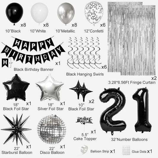 21st Birthday Decorations for Men Women, Black Silver Happy Birthday Party Decorations, 21 Year Old Party Supplies with Number 21 Balloons, Banner, Fringe Curtains Kit