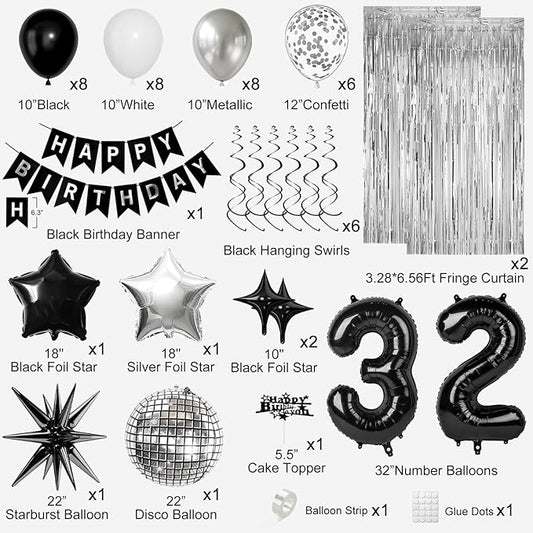 32nd Birthday Decorations for Men Women, Black Silver Happy Birthday Party Decorations, 32 Year Old Party Supplies with Number 32 Balloons, Banner, Fringe Curtains Kit