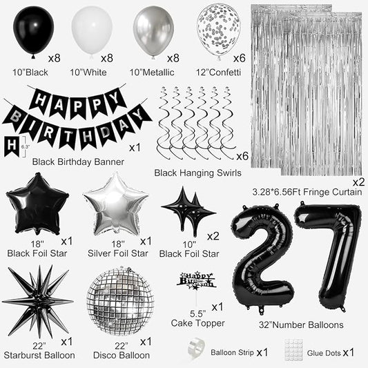 27th Birthday Decorations for Men Women, Black Silver Happy Birthday Party Decorations, 27 Year Old Party Supplies with Number 27 Balloons, Banner, Fringe Curtains Kit