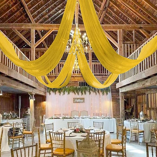 MODFUNS Gold Ceiling Draping Fabric Sheer Ceiling Drapes for Weddings 5x20ft 6 Panels Chiffon Arch Drapery Tent Ceiling Drape Vintage Tulle Curtain Backdrop for Ceremony Party Event Supplies