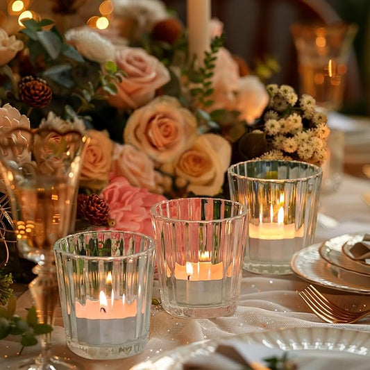 ComSaf Votive Candle Holders, 12 PCS Glass Candle Holders, Ribbed Tealight Candle Holder for Table Centerpieces, Clear Candle Holder for Wedding, Home Decor, Party, Baby Shower, Special Occasions