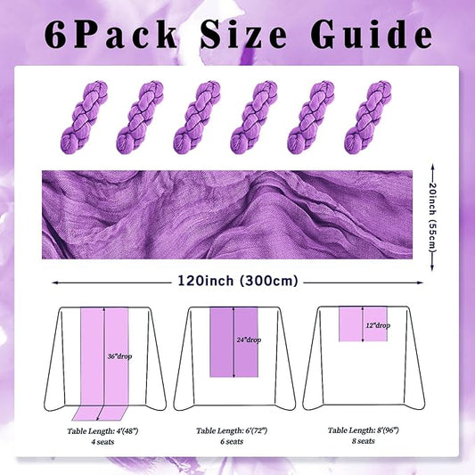6 Pack Purple Cheesecloth Table Runner 10FT Boho Fabric Rustic Cheese Cloth Table Runner for Wedding Bridal Shower Baby Shower Gauze Sheer Birthday Party Table Decorations 20 x 120 Inch Long