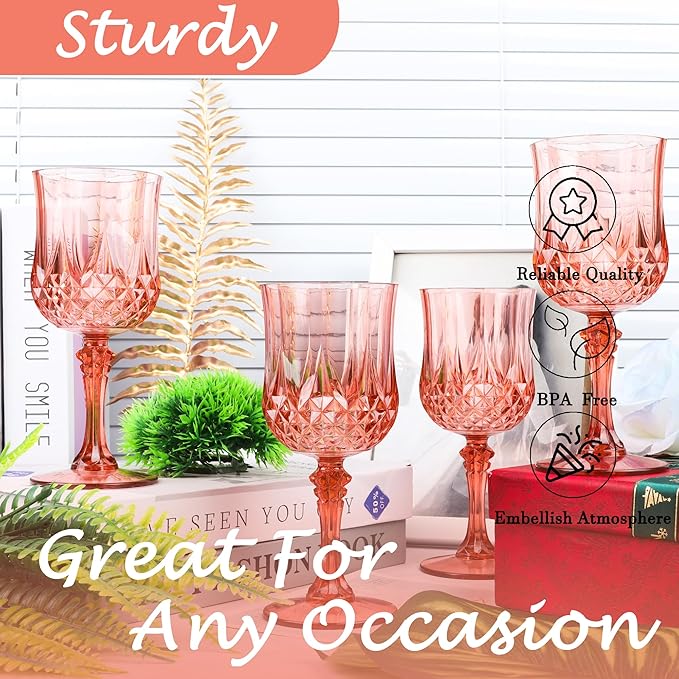 Plastic Wine Glasses,Plastic Goblets Vintage Style Cordial Drinking Glasses for Wedding Reception, Grand Event Party Supplies (12, Rose Gold)