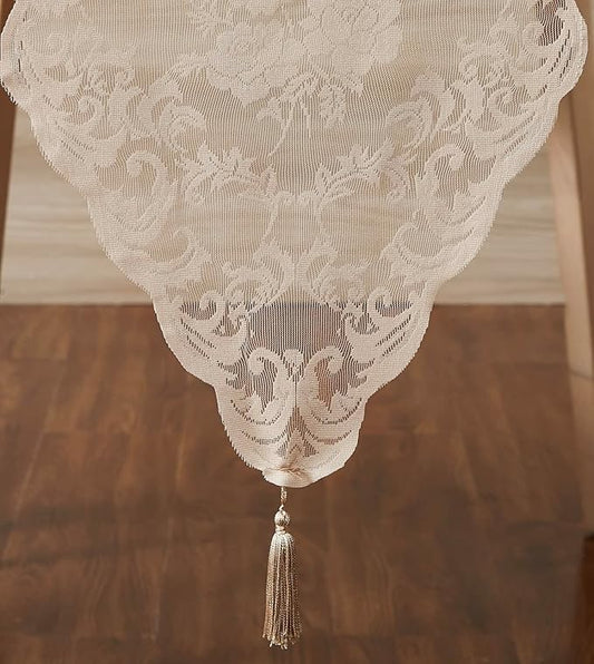 LinenZone Linen Table Runner with 2 Tassels for Rustic Vintage Decor. Lace Table Runner Works Great As Wedding, Thanksgiving, Christmas Decor (Mia 14 x 72, Linen)