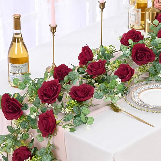 Dolicer 4Pcs 26Ft Artificial Eucalyptus Garlands with Flowers - 8 Roses, Faux Floral Greenery Garlands Fake Flowers Vines for Wedding Table Centerpieces Arch Party Ceremony Backdrop Decor (Red)