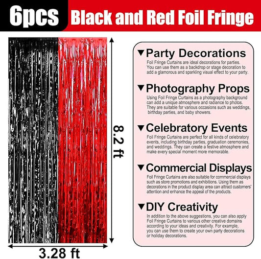 6 Pack Black Red Foil Fringe Curtain Backdrop, 3.28Ft x 8.2Ft Metallic Tinsel Foil Fringe Streamer Curtains for Photo Booth, Birthday, Wedding, New Year Party Decorations