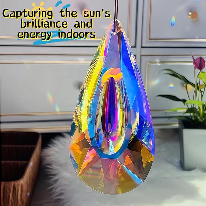 2 Pack Hanging Droplet Shape Chandelier Crystal Prisms(4.6‘’*2.1‘’) - Suncatcher Pendants for Windows, Chandelier Parts, Rainbow Maker - Create Colorful Light Reflections for Home, Garden, Christmas