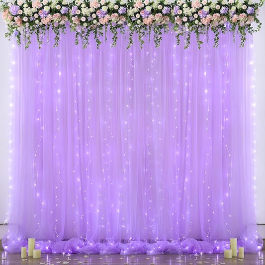 Lavender Tulle Photo Backdrop Curtain with Lights String for Parties Wedding Bridal Shower Sheer Lavender Curtain Backdrop for Birthday Baby Shower Photo Booth Photography 10ft x 8ft