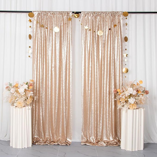 ShinyBeauty Champagne Backdrops 2 Pieces Sequin Curtains 4FTx7FT Photograph Backdrop Shimmer Curtain Panels Sparkle Fabric Glitter Background for Party Wedding Holiday New Year Decor