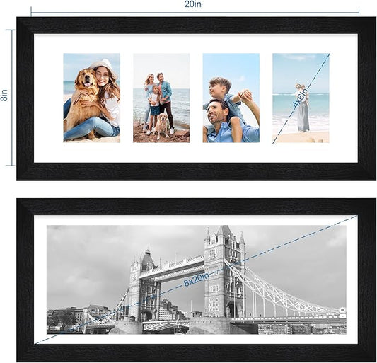 8x20 Picture Frame Set of 2, Rustic Black Wood Frame with Tempered Glass Collage Frame, Display Pictures Four 4x6 With Mat or 8 x 20 Without Mat - Horizontal or Vertical Wall Mounting