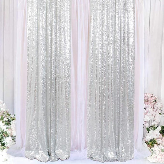 ShinyBeauty Silver Sequin Curtain Backdrop 2 Panels 4FTx8FT Photo Curtain Backdrop Curtain Panels 96 Inches Long -190522E