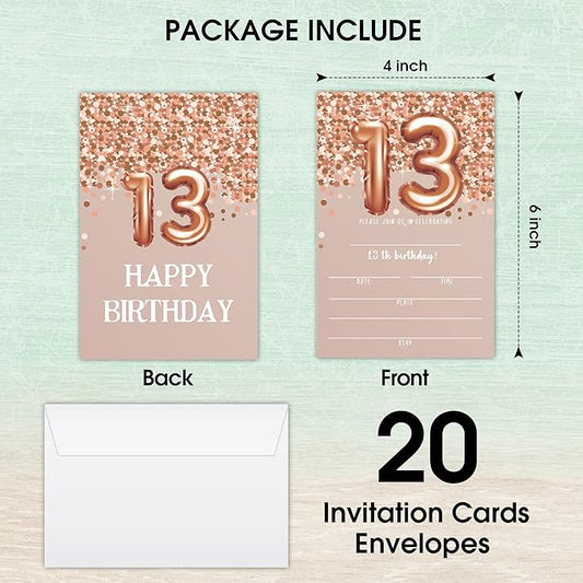 13th Birthday Invitation Cards, Rose Gold Glitter 13th Birthday Party Invites, Kids Happy Birthday Party Decorations Supplies, 20 Fill-in Cards with Envelopes for Boys or Girls Party Celebration - C05
