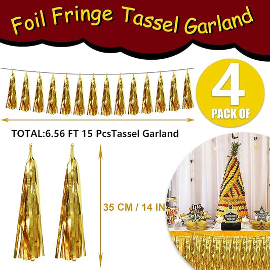 4P Gold Foil Fringe Tassel Banner Garland Metallic Tinsel Streamers Wall Hanging Curtain Backdrop Banner for Parade Floats, 2024 Graduation Decorations, Wedding Party Decoration