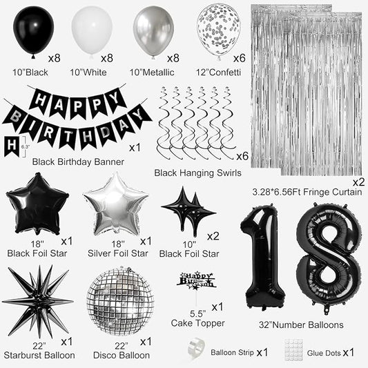 18th Birthday Decorations for Boys Girls, Black Silver Happy Birthday Party Decorations, 18 Year Old Party Supplies with Number 18 Balloons, Banner, Fringe Curtains Kit