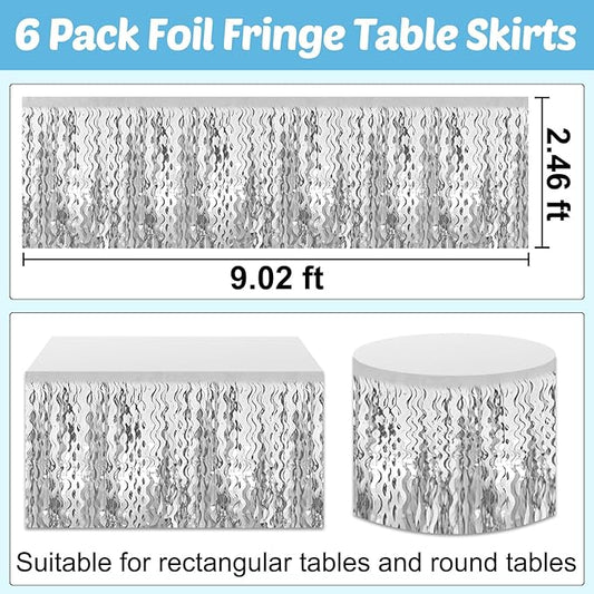 6 Pack 29x108 Inch Silver Wave Foil Fringe Table Skirts Metallic Banner for Tinsel Streamer Garland Backdrop for Parade Floats Wedding, Mother's Day, Birthday Mardi Gras Party Decorations