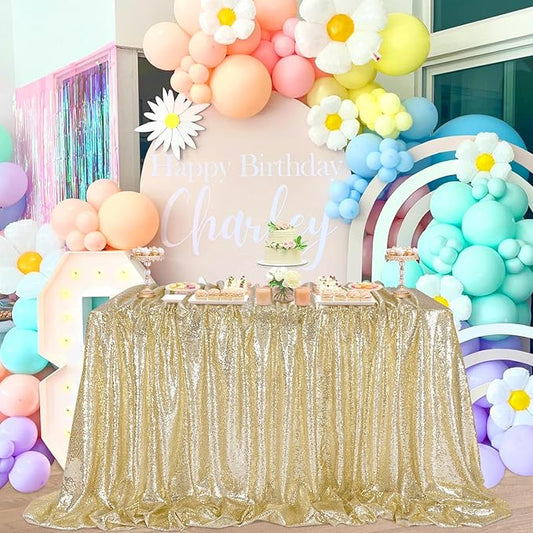 QueenDream Light Gold Sequin Decorative Party Tablecloth: Large Shimmer Dessert Table Overlay 90x132 Inch Dinner Table Drapes Cocktail Xmas Decor
