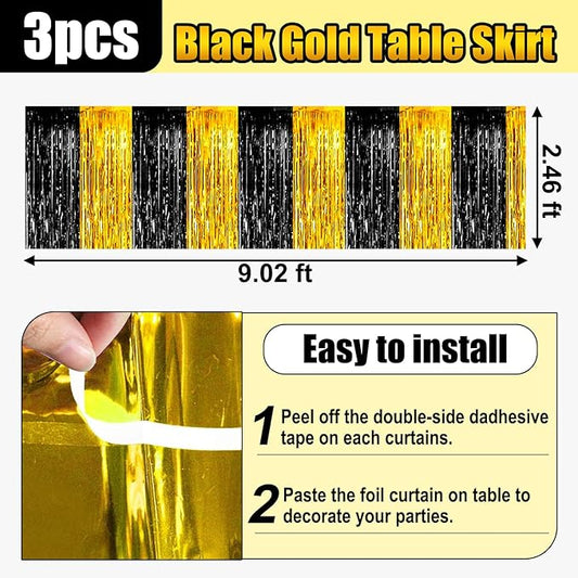 3 Pack 29x108 Inch Black Gold Foil Fringe Table Skirts Metallic Banner for Tinsel Streamer Garland Backdrop for Parade Floats Wedding Thanksgiving Birthday Christmas Halloween Party Decoration