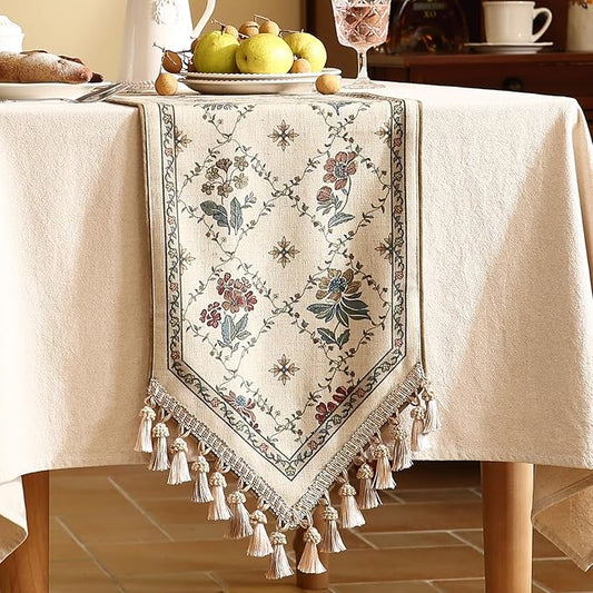 patdrea Designer Vintage Floral Linen Extra Long Table Runner 118 Inch Long,Beige Cottage Rustic Bouquets Pattern Table Mat,Decor for Kitchen Dining Coffee Table Cabinet Thanksgiving,12"*118"