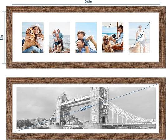 8x24 Picture Frame 2 Pack, Rustic Brown Wood Frame with Tempered Glass, Display Pictures Multiple Five 4x6 With Mat or 8 x 24 Without Mat - Horizontal or Vertical Wall Mounting