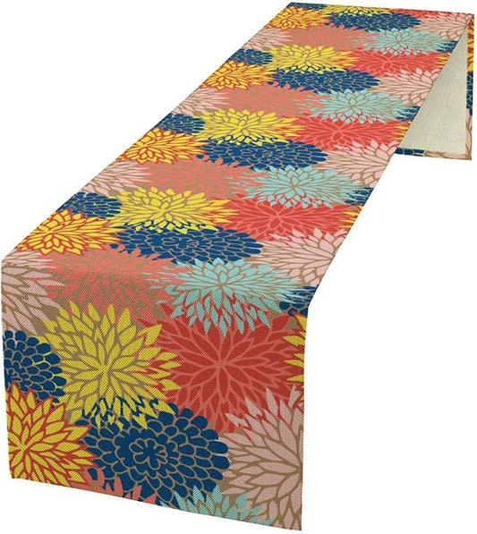 Dahlia Flowers Table Runner Colorful Floral Teal Grey Pink Yellow Blue Abstract Table Runner Kitchen Dining Party Decor Living Room, 13x36 Inch