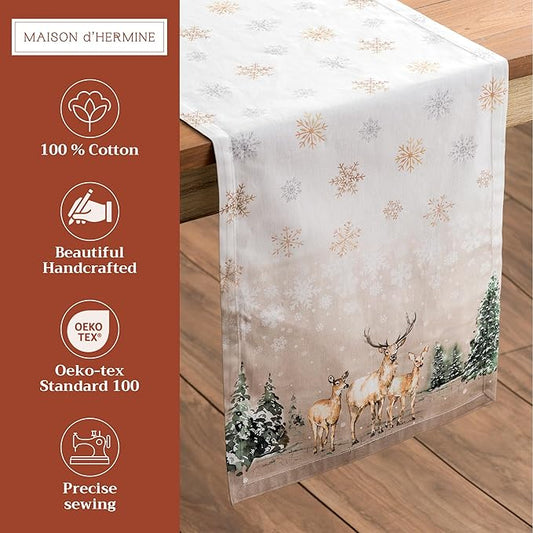 Maison d' Hermine Table Runner 100% Cotton Single Layer Table Runners 72 inches Long for Thanksgiving Christmas Decorations Home Kitchen Dining Party Wedding (Deer in The Woods, 14.5" x 72")