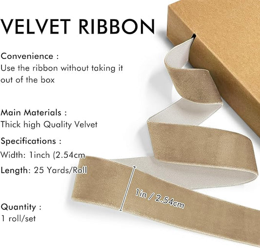 Khaki Velvet Ribbon 1'' 25 Yards for Christmas Tree, Gift Wrapping, Flower Bouquet, Wreath Decorations, Bow Making