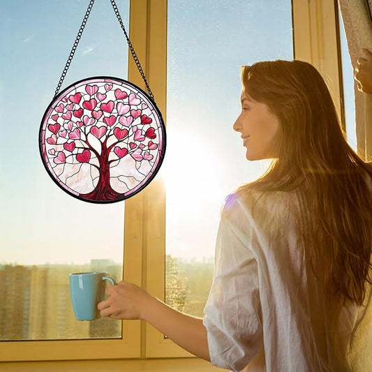 Stained Glass Window Hanging, Valentine's Day Gifts Pink Love Heart Tree Suncatcher Hangings Beige Sun Catchers Decor for Birthday for Women, Men, Wife, Aunt, Mom14.9 in