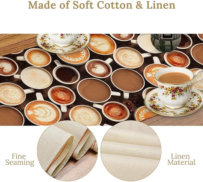 Coffee Theme Table Runner, Farmhouse Coffee Cup Latte Cappuccino Tea Party Rustic Cafe Table Center Decor for Home Kitchen Dining Patio Holiday Party Indoor Outdoor Table Decorations,13"x90" Inch