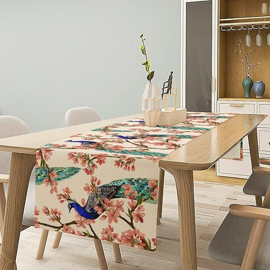 Peacock Table Runner,Spring Floral Peacock Birds Table Runner for Home Kitchen Dining Party Indoor Outdoor Decoration 13x70 Inch