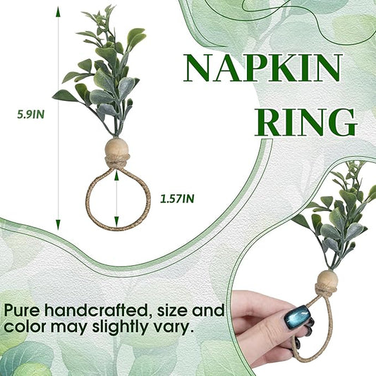 MAOANME Napkin Rings Set of 12, Rustic Eucalyptus Napkin Holder Rings with Wood Bead, Farmhouse Green Leaf Napkin Ring Bulk, Boho Napkin Ring for Wedding, Table Decor