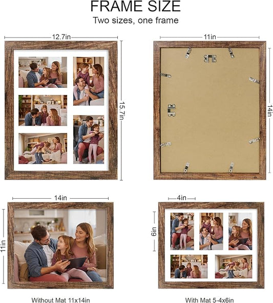 11x14 Picture Frame Set of 2, Rustic Brown Wood Frame with Real Glass Collage Picture Frames, Display Pictures Five 4x6 With Mat or 11 x 14 Without Mat, Photo Frames Wall Gallery