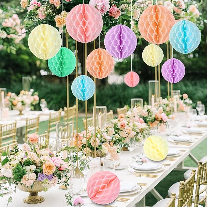 Hanging Honeycomb Decorations, Pastel Party Decorations, Rainbow Honeycomb Balls Decorations for Macaron Birthday Baby Shower Spring Decor, Set of 16 