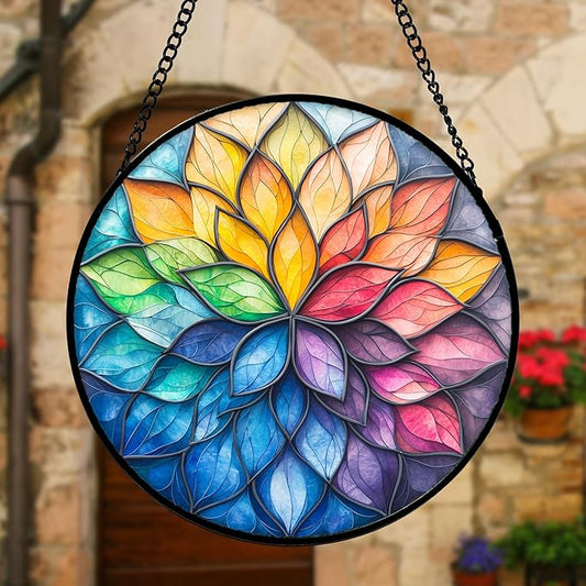 Stained Glass Window Hanging, Colorful Flower Petals Sun Catchers Diamond Glass Panel Hangings Suncatcher Decor for Birthday for Women, Men, Wife, Aunt, and Mom 11.8x11.8 in