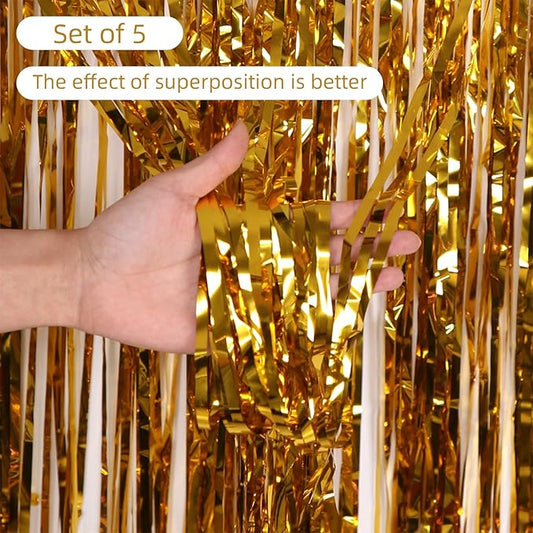 5 Pack Gold Foil Curtain Backdrop 3.2ft x 9.8ft Metallic Tinsel Foil Fringe Curtains Streamer Photo Booth Backdrop for Birthday Party Engagement Bachelorette Party Decorations (Gold)