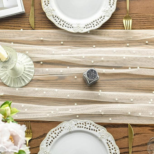 Artoid Mode Pearl Beige Gauze Table Runner 120 Inch 10FT, Seasonal Sheer Dining Holiday Wedding Birthday Baby Shower Table Decor for Home Party