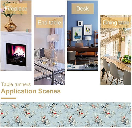 Kio Fish Table Runner Waves Retro Japanese Tradition Art Printed Burlap Runner Home Kitchen Dining Table Living Room Decor Fabric 1 Panel W13xL120in
